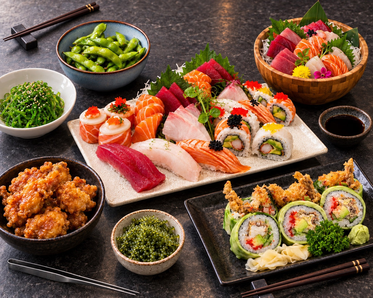 Umai Box sushi and sashimi selection with edamame and Japanese sides